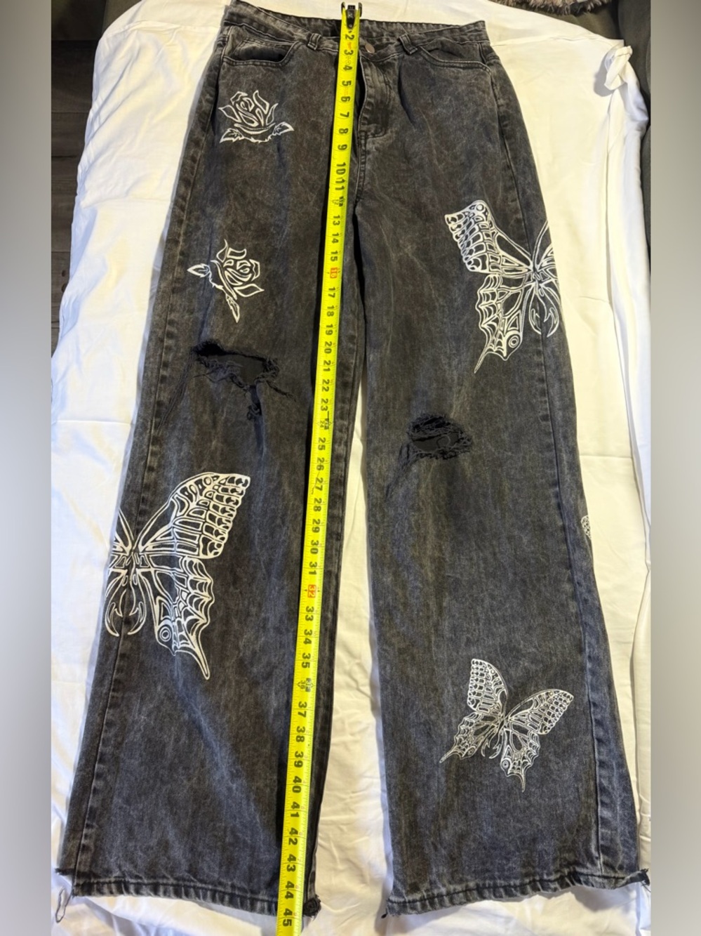 Hot Topic Black Washed Wide-Leg Jeans with White Butterfly & Rose Prints